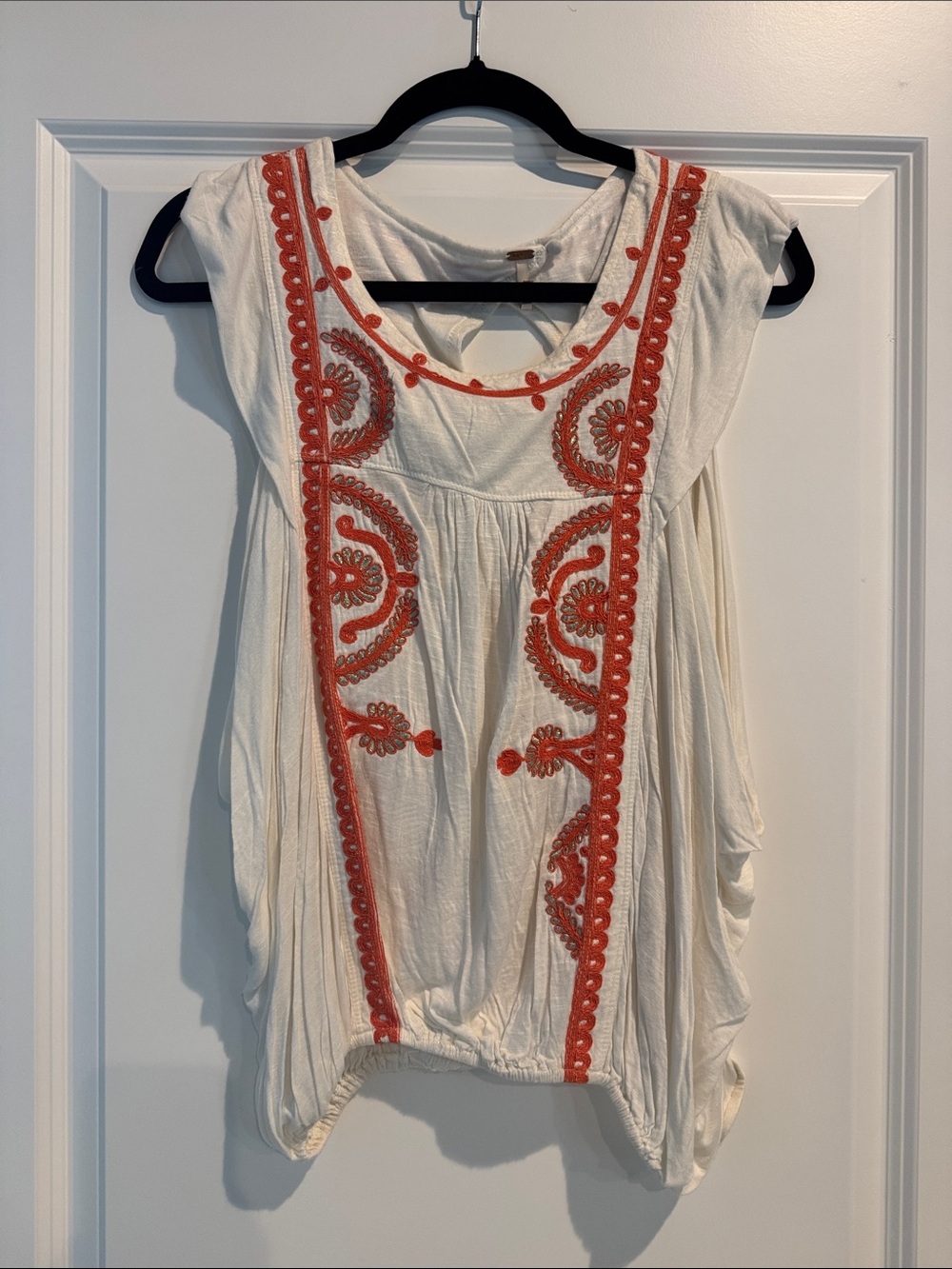 Embroidered Cream Sleeveless Peasant Top with Rust Accents